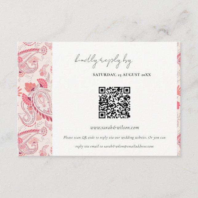 Blush Paisley Typografy Wedding RSVP QR Code Begleitkarte (Vorderseite)