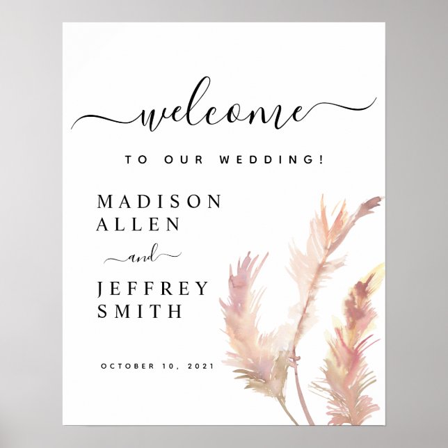 Blush Pampas Grass Minimalistisch Hochzeit Begrüßu Poster (Vorne)