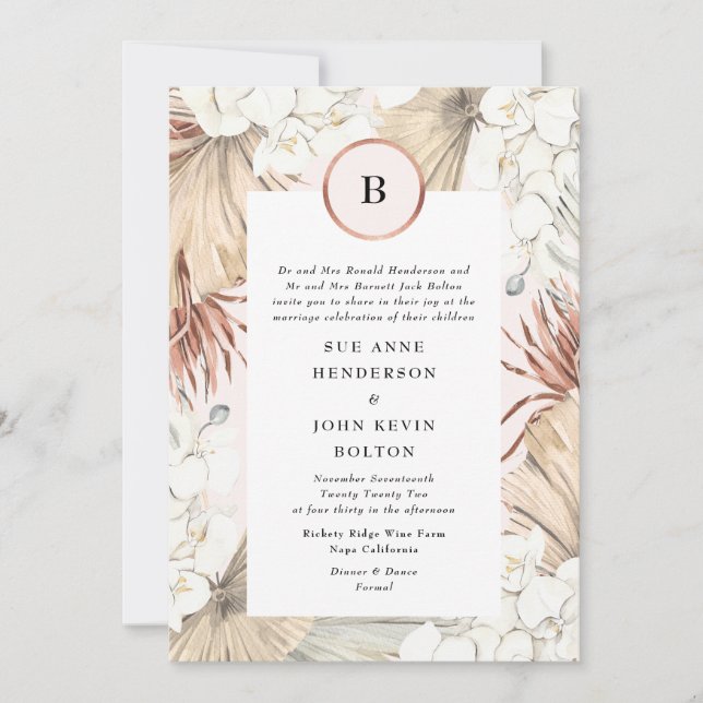 Blush Pampas und Rose Gold Foil Einladung Hochzeit (Vorderseite)