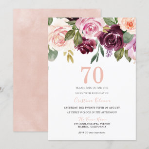 Blush Peach & Burgund Blume 70. Geburtstagsparty Einladung