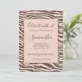 Blush Peach Chocolate Brown Zebra Print Glitzer Einladung