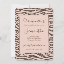 Blush Peach Chocolate Brown Zebra Print Glitzer Einladung