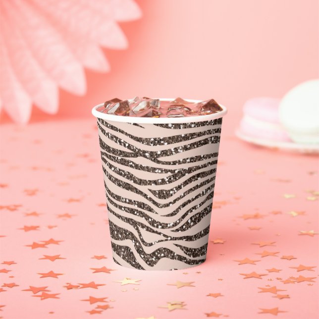 Blush Peach Chocolate Brown Zebra Print Glitzer Pappbecher (Insitu)