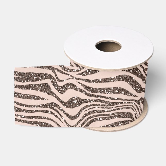 Blush Peach Chocolate Brown Zebra Print Glitzer Ripsband (Spule)
