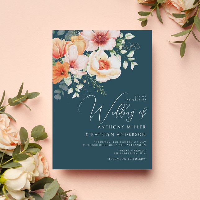 Blush Peach Coral Aquamarin Blue Floral Hochzeit Einladung (Von Creator hochgeladen)