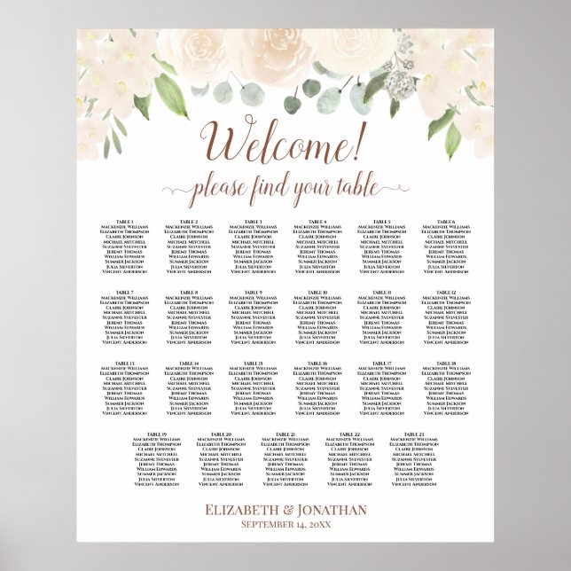 Blush Peach floral 23 Table Wedding Seating Chart Poster (Vorne)