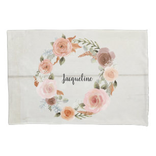 Blush Peach Floral BOHO Wreath Rustic Wood Girl Kissenbezug