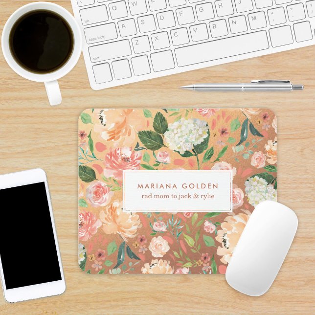 Blush Peach Floral Gold Persönliche Goldene Farbe Mousepad (Von Creator hochgeladen)