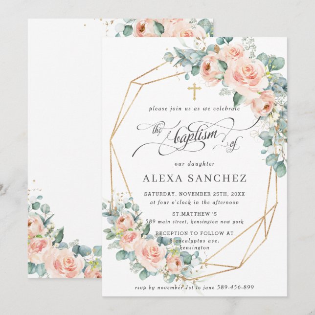 Blush Peach Floral Greenerie Taufe Geometrie Einladung (Vorne/Hinten)