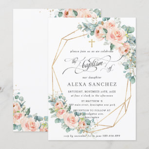 Blush Peach Floral Greenerie Taufe Geometrie Einladung