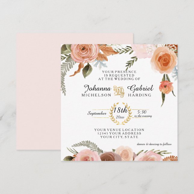 Blush Peach floral Peony Wasserfarbe Blätter Einladung (Vorne/Hinten)