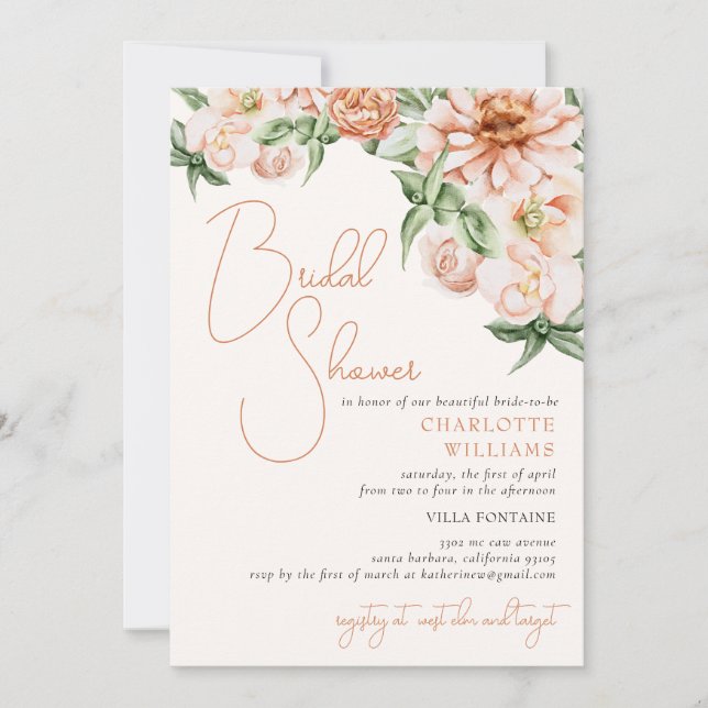 Blush Peach Floral Romantisches Brautparty Einladung (Vorderseite)