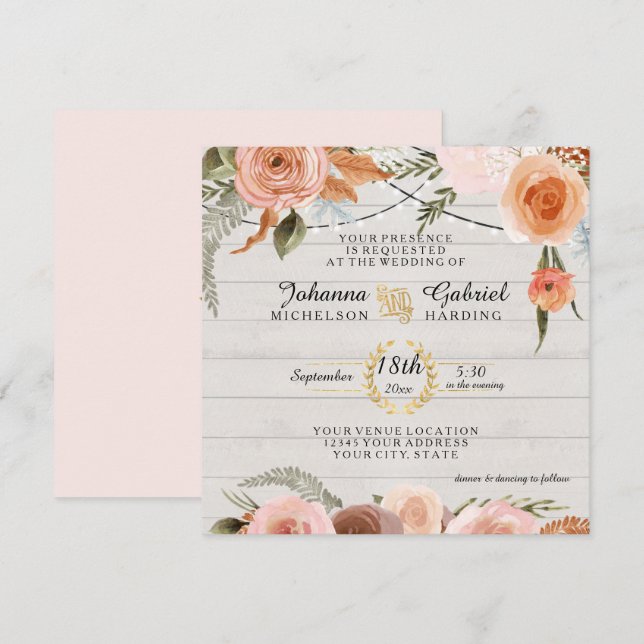 Blush Peach Floral Rustic White Wood Leaf Foliage Einladung (Vorne/Hinten)