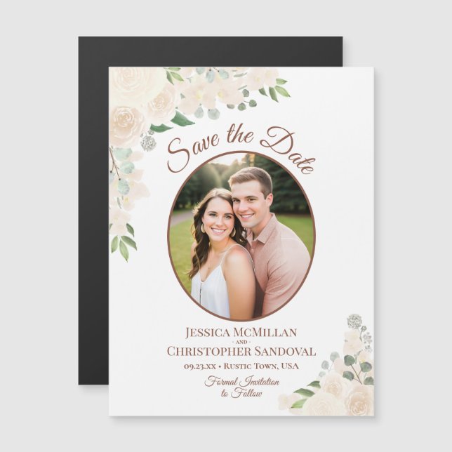 Blush Peach Floral Save the Date Oval Foto Magnet (Vorne/Hinten)