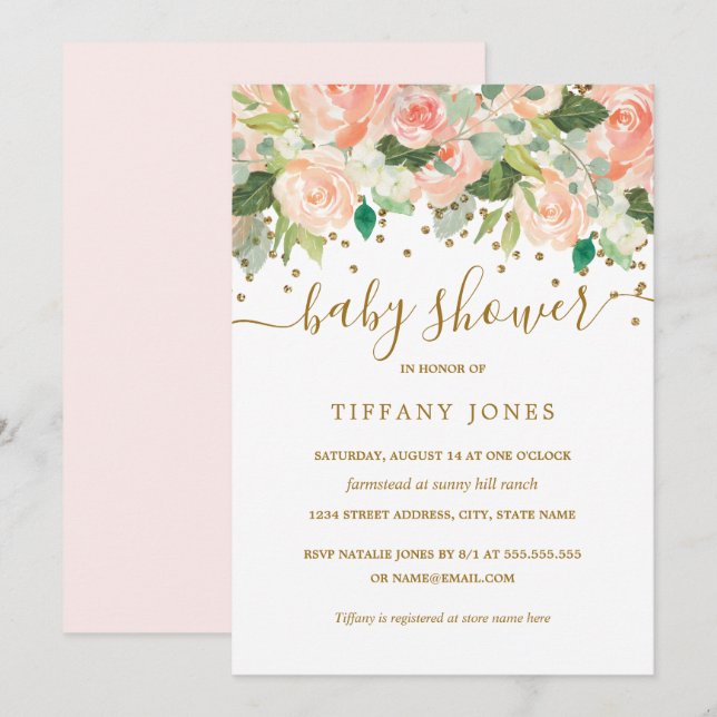 Blush Peach Floral Watercolor Babydusche Einladung (Vorne/Hinten)