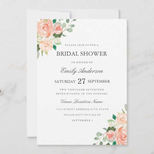 Blush Peach Floral Watercolor Brautparty Einladung (Vorderseite)