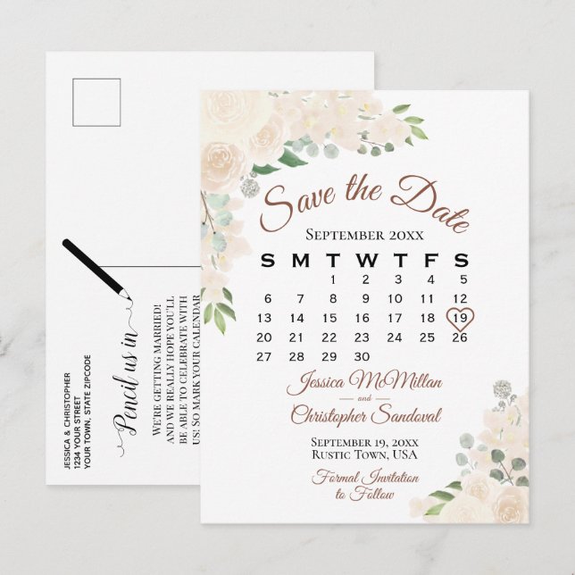 Blush Peach floral Wedding Save the Date Calendar Ankündigungspostkarte (Vorne/Hinten)