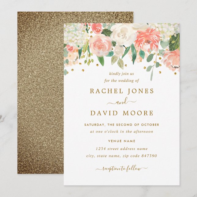 Blush Peach Gold Rustic Floral Wedding Einladung (Vorne/Hinten)