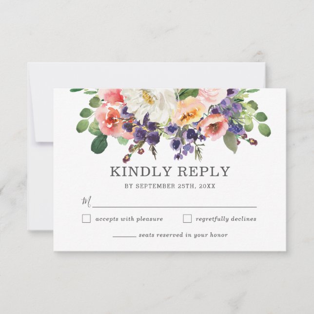 Blush Peach Lila Weiße Blumengrün Hochzeit RSVP Karte (Vorderseite)