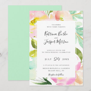 Blush Peach Mint Botanische Blumenhochzeit Einladung