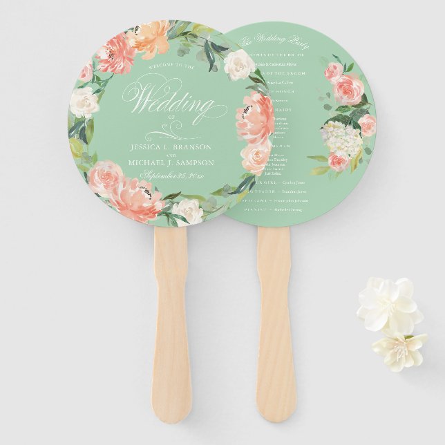 Blush Peach Mint Wasserfarbe Begrüßung Hochzeit Fächer (Vorne und Hinten)