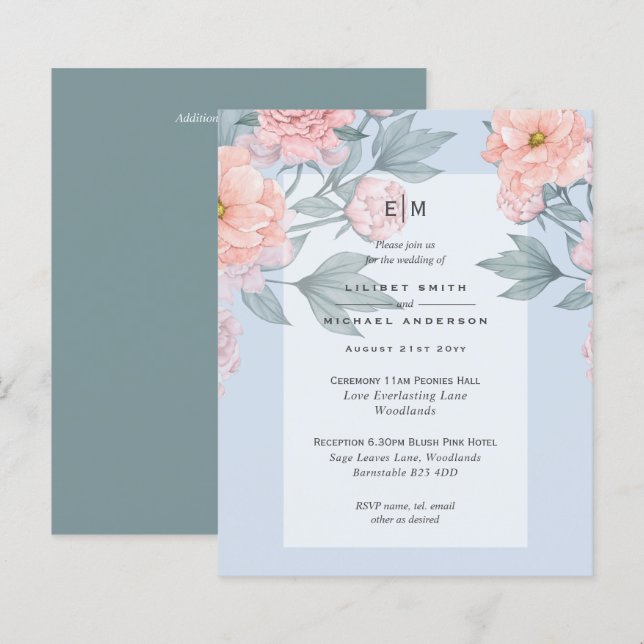 Blush Peach PEONIES Blue Wedite Empfang (Vorne/Hinten)