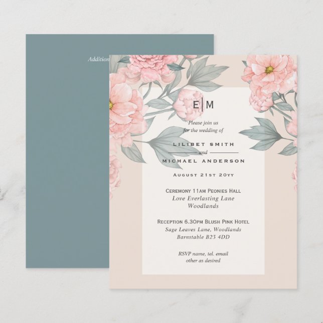 Blush Peach PEONIES Sage Wedite Einladung Empfang (Vorne/Hinten)