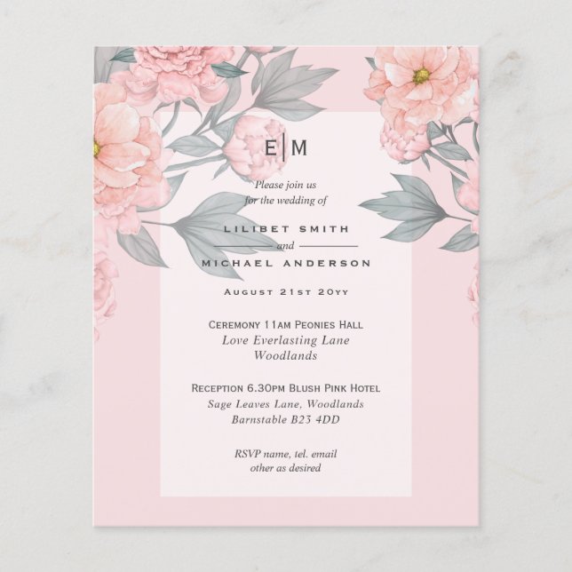 Blush Peach PEONIES Sage Wedite Einladung Empfang Flyer (Vorne)