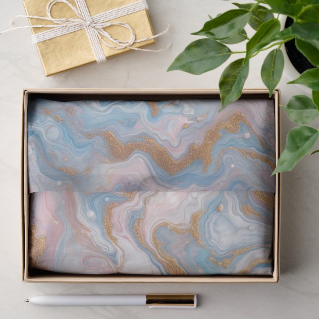 Blush Peach Pink Blue White Gold Marmor Muster Seidenpapier (Geschenk)
