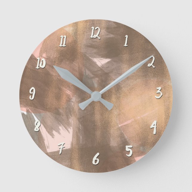 Blush Peach Pink Kupfer Bronze Moderne Metallic Runde Wanduhr (Vorderseite)