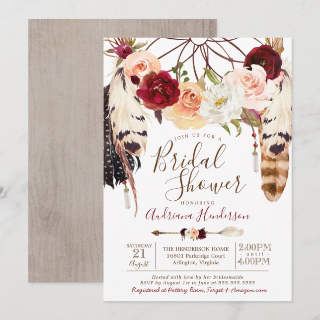 Blush & Peach Rose Dreamcatcher Boho Bridal Shower Einladung (Vorne/Hinten)