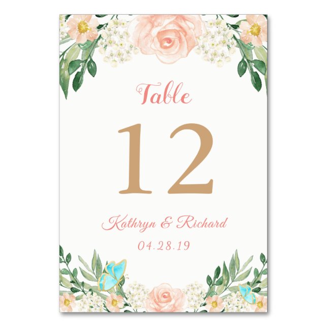 Blush Peach Rose Garden Wedding Tischnummer Card (Vorderseite)