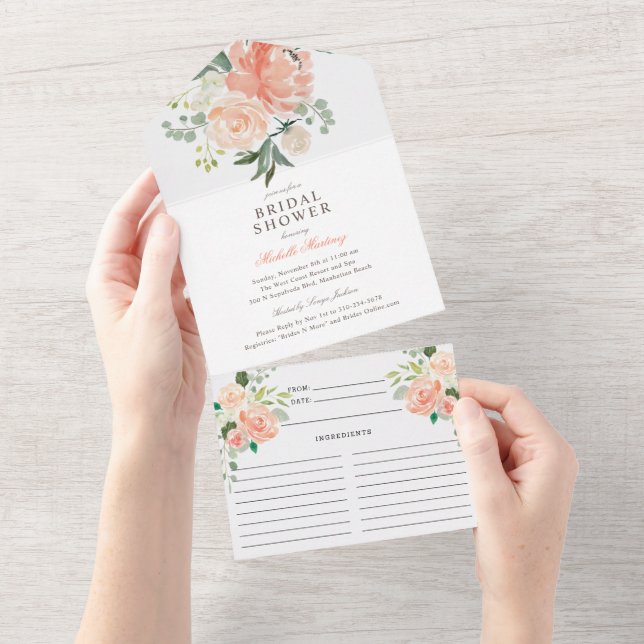 Blush Peach Spring Brautparty und Rezept All In One Einladung (Abreißen)
