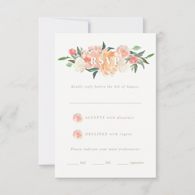 Blush Peach Wassercolor Bloral Wedding RSVP Karte (Vorderseite)