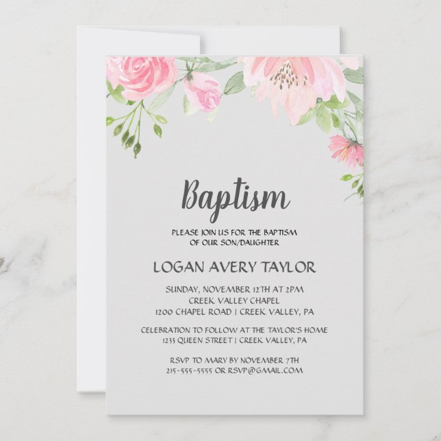 Blush Peonies on Gray Baptisse Einladung (Vorderseite)