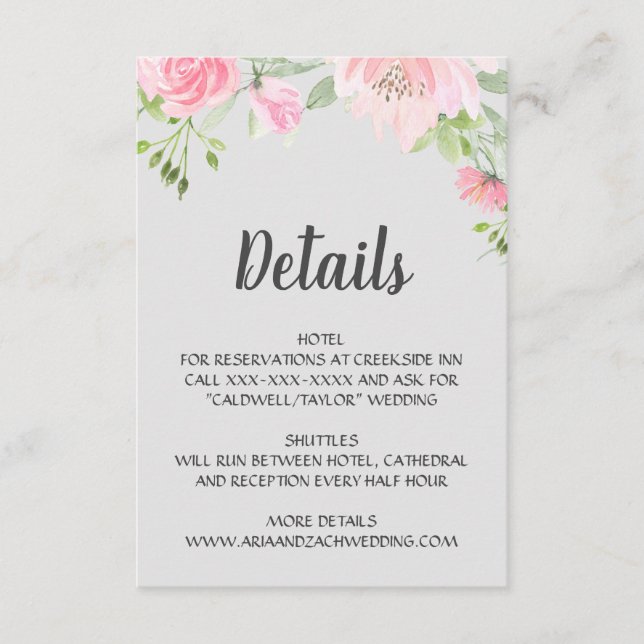 Blush Peonings auf Gray Wedding Details Begleitkarte (Vorderseite)
