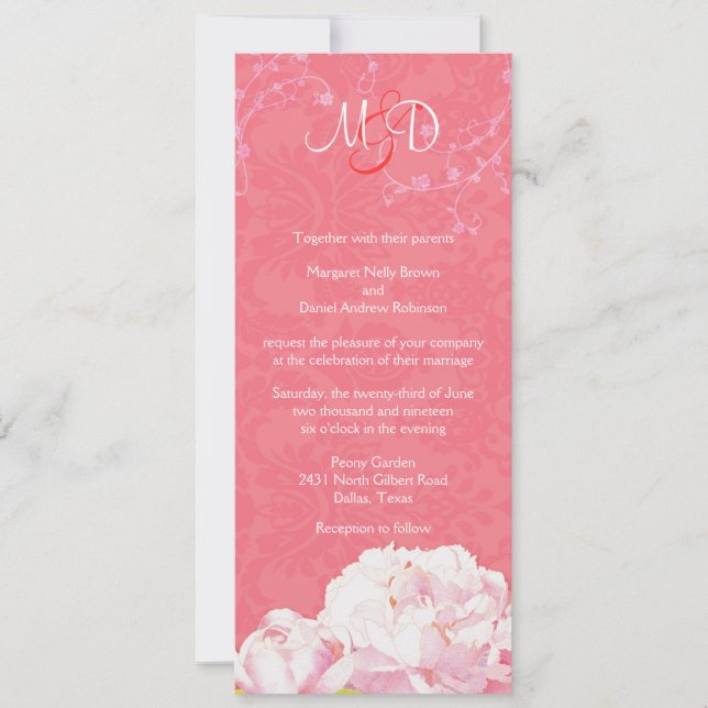 Blush Peony Coral Pink Monogram Wedding Einladung (Vorderseite)