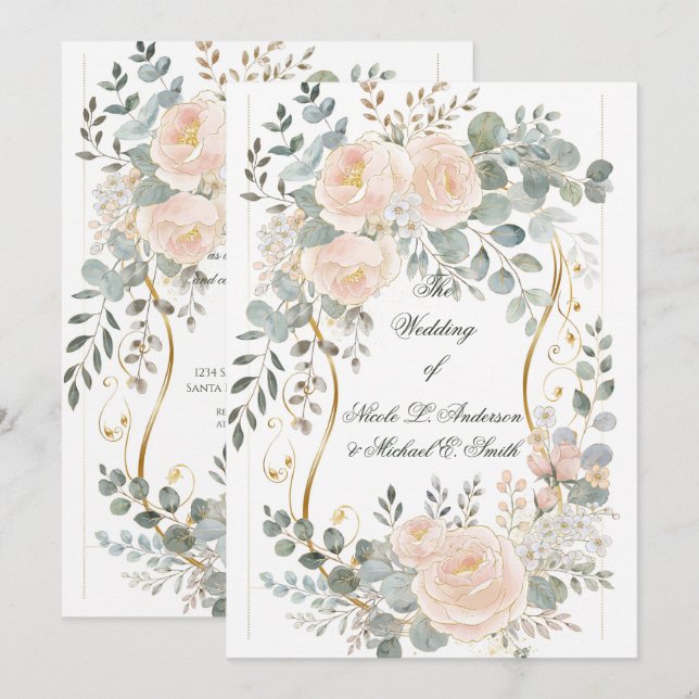 Blush Peony & Eucalyptus Botanical Floral Wedding  Einladung (Vorne/Hinten)