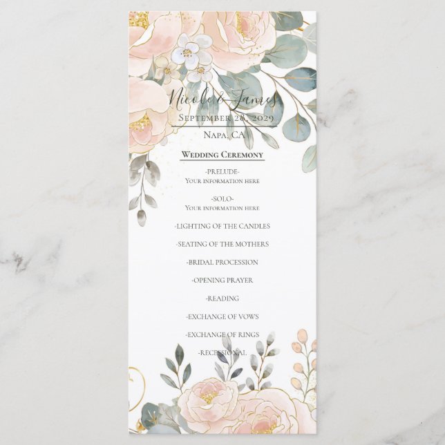 Blush Peony & Eucalyptus Botanical Floral Wedding  Menükarte (Vorderseite)