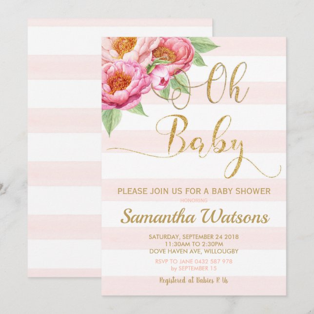 Blush Peony Floral Oh Baby Dusche Einladung Mädche (Vorne/Hinten)