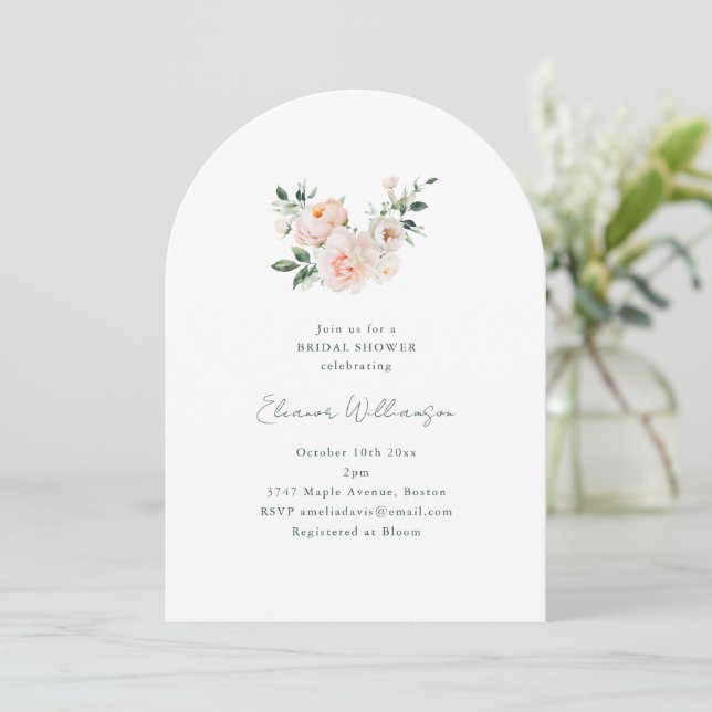 Blush Peony Floral Pink Arch Minimal Bridal Shower Einladung (Stehend Vorderseite)