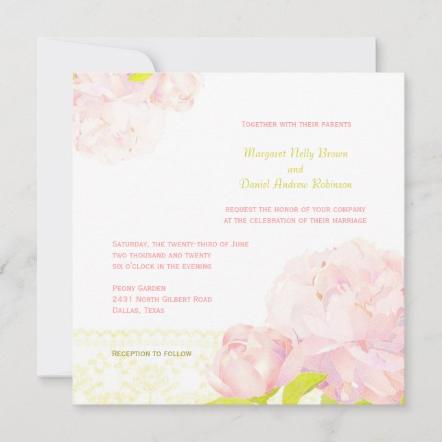 Blush Peony Floral Wedding Einladung (Vorderseite)