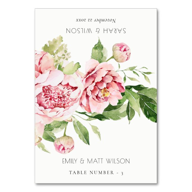Blush Peony Floral Wedding Guest Name Platzkarten Tischnummer (Vorderseite)