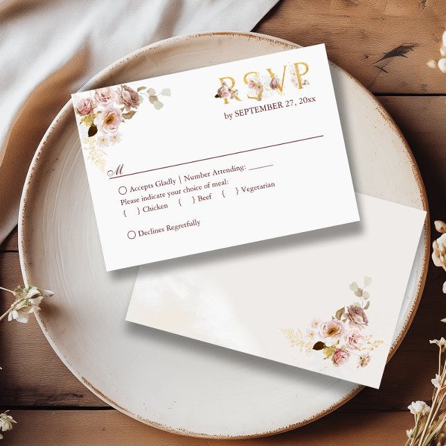 Blush Peony & Gold Burgundy Blumenkost Optionen RSVP Karte (Von Creator hochgeladen)