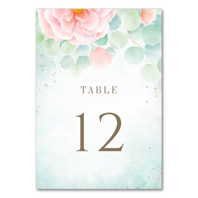 Blush Peony Greenery Eucalyptus Floral Wasserfarbe Tischnummer (Vorderseite)