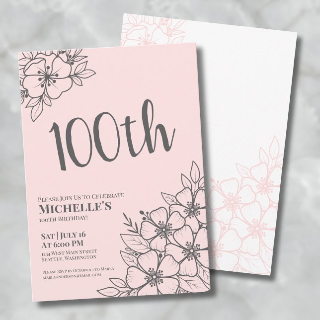 Blush Pink 100. Geburtstagsparty Einladung (Feminine Blush Pink 100th Birthday Party Invitation)