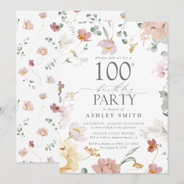 Blush Pink 100th Birthday Party Wasserfarbe Blume Einladung (Vorne/Hinten)