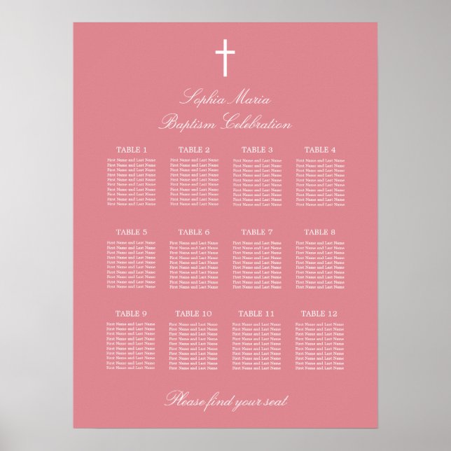 Blush Pink 12 Table Baptism Seating Chart Poster (Vorne)