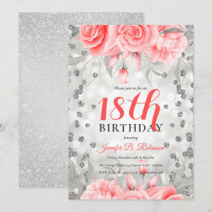Blush Pink 18. Geburtstag Floral Silver Glitzer Einladung