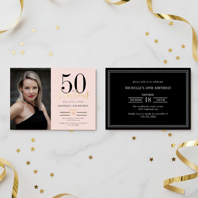 Blush Pink 50 And Fabulous Photo Gold Folieneinladung (Von Creator hochgeladen)